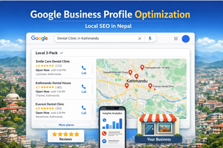 Google Business Profile optimization example showing local pack results for businesses in Kathmandu Nepal